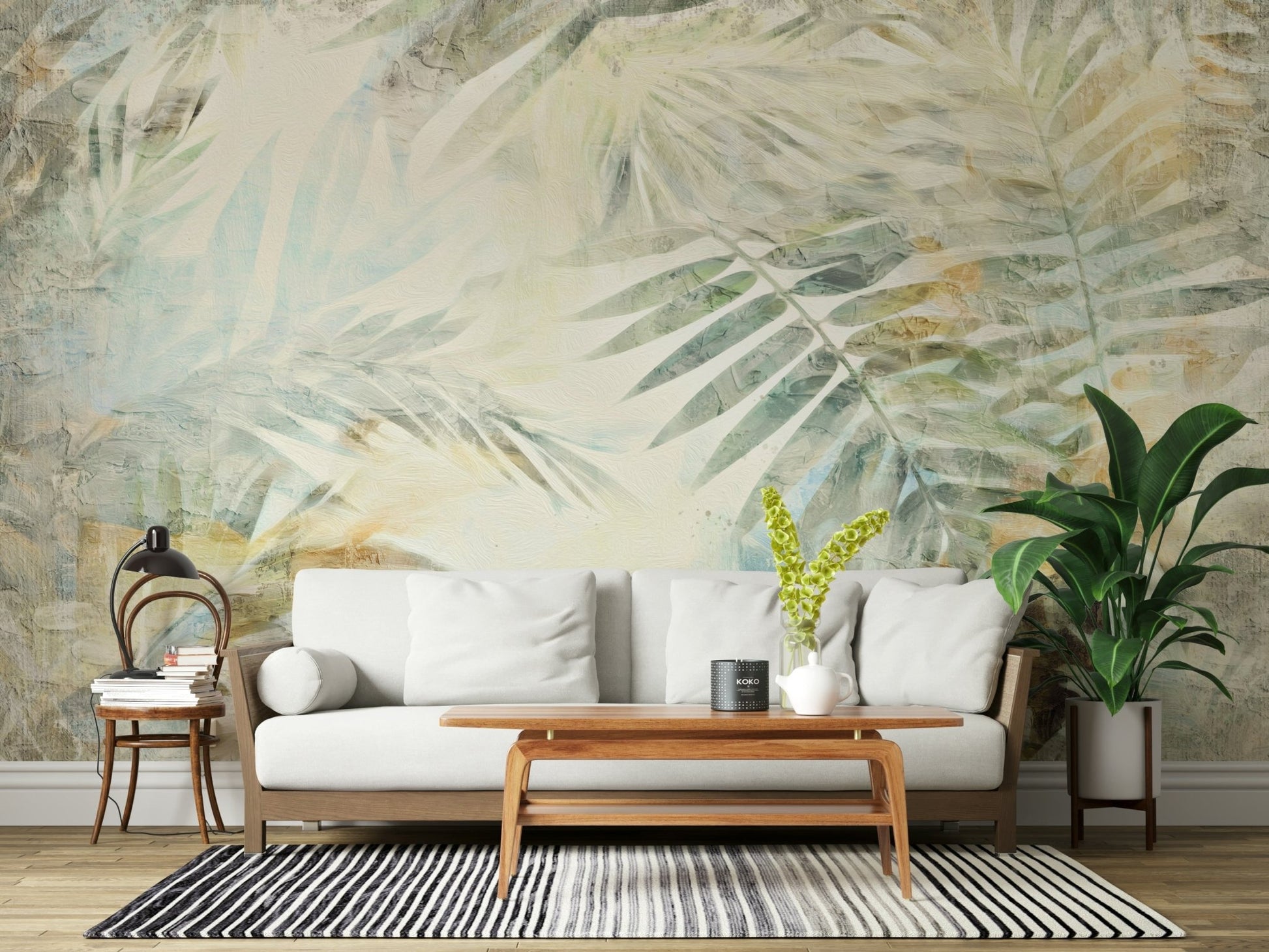 A serene subtle foliage wall mural for opulent decor.