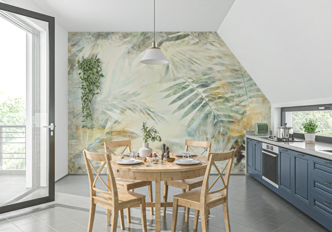 A beautiful gilded fronds wallpaper mural with subtle gold accents.