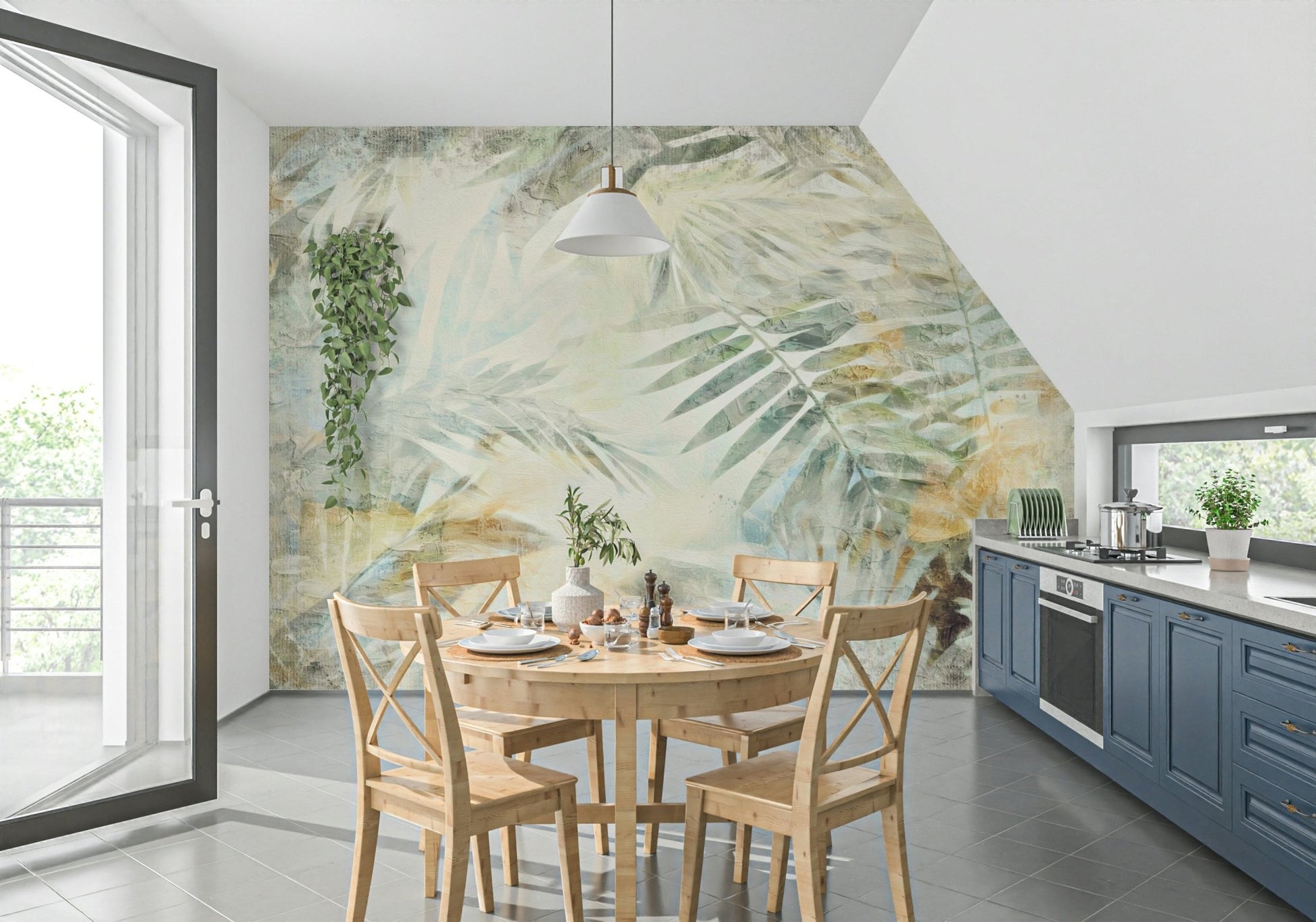 A beautiful gilded fronds wallpaper mural with subtle gold accents.