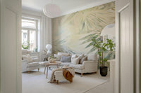 A calming foliage design wallpaper mural that defines a space.
