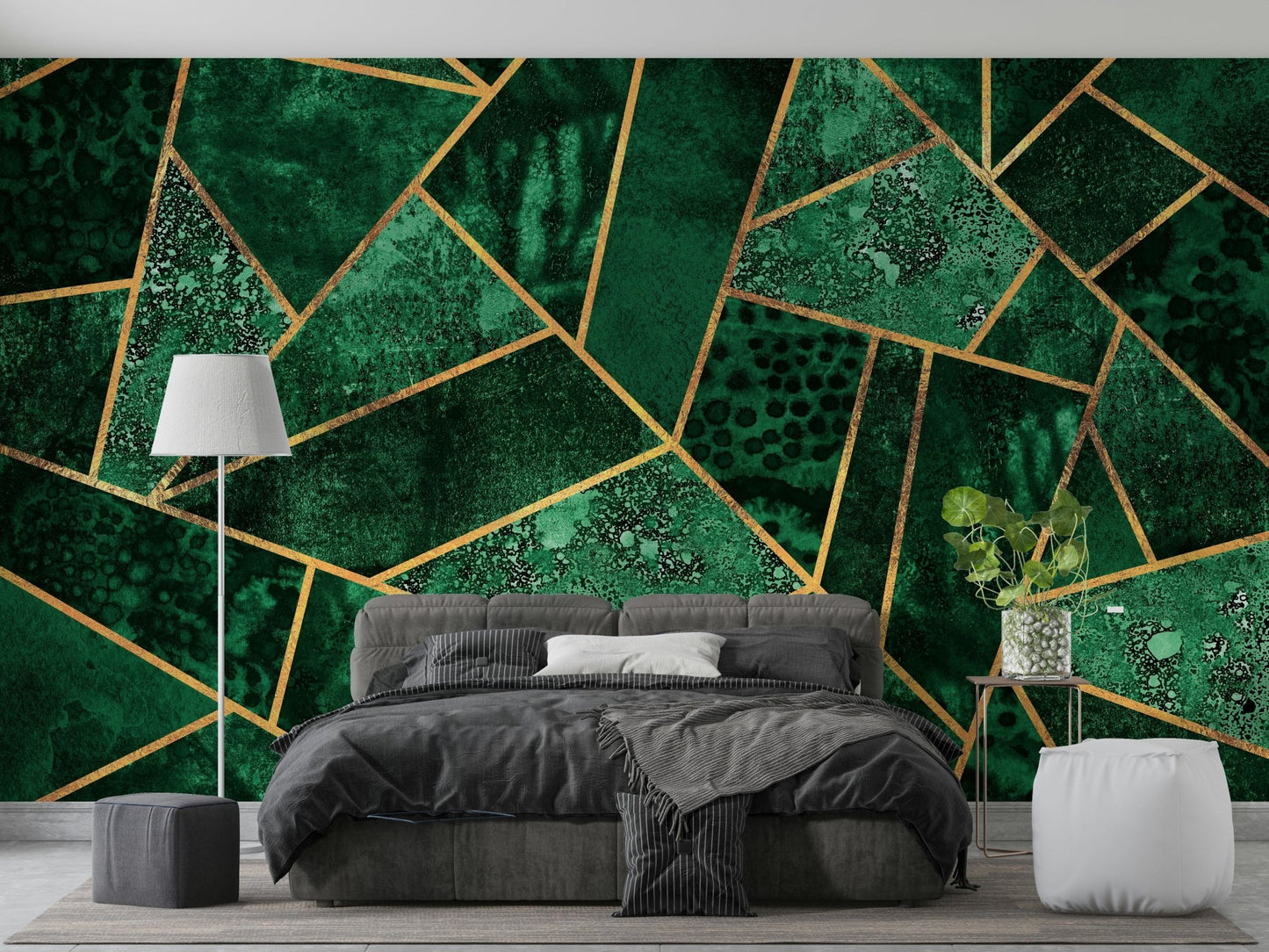 An artistic modern block mural on luxury wallpaper.

