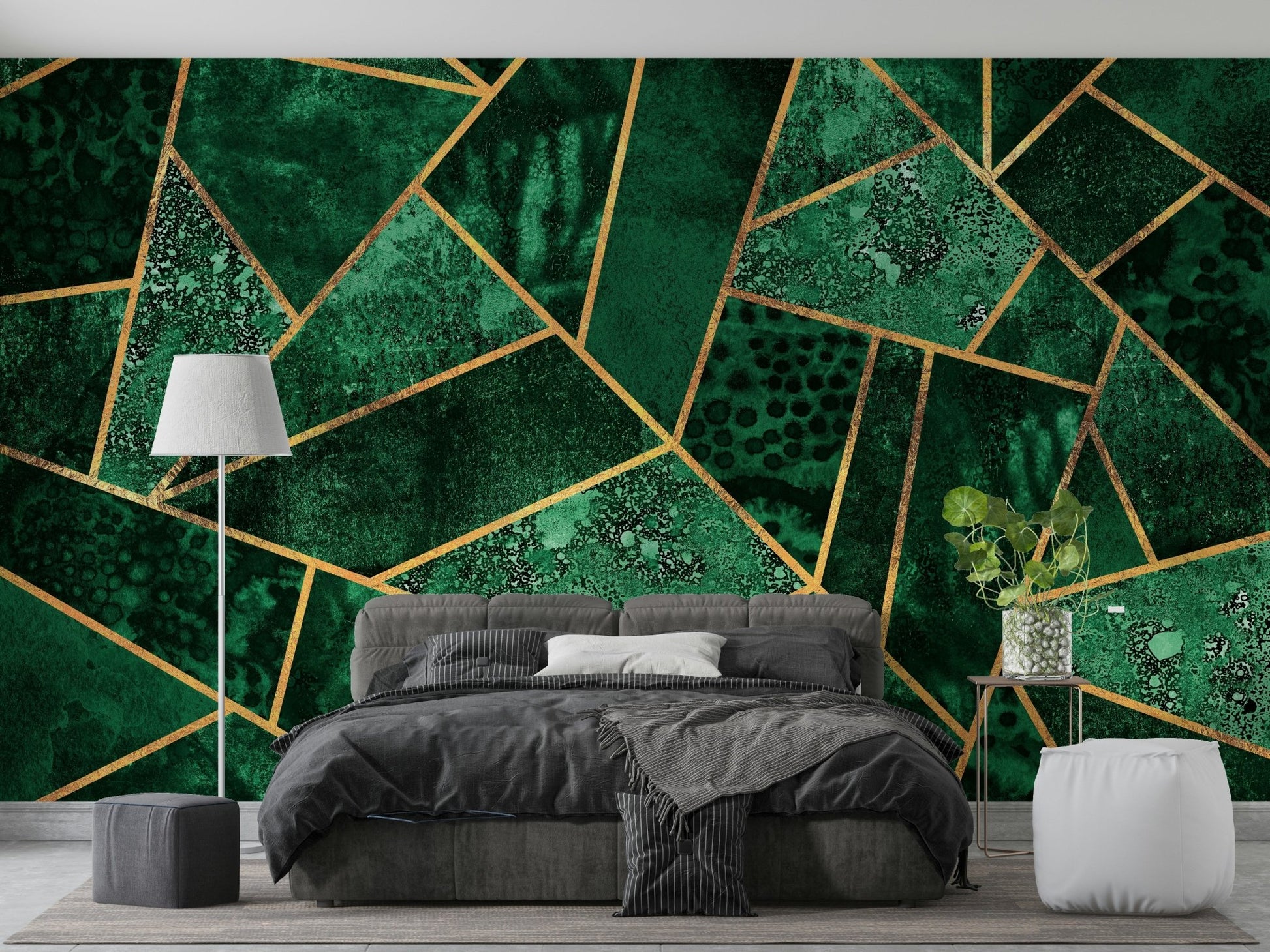 An artistic modern block mural on luxury wallpaper.

