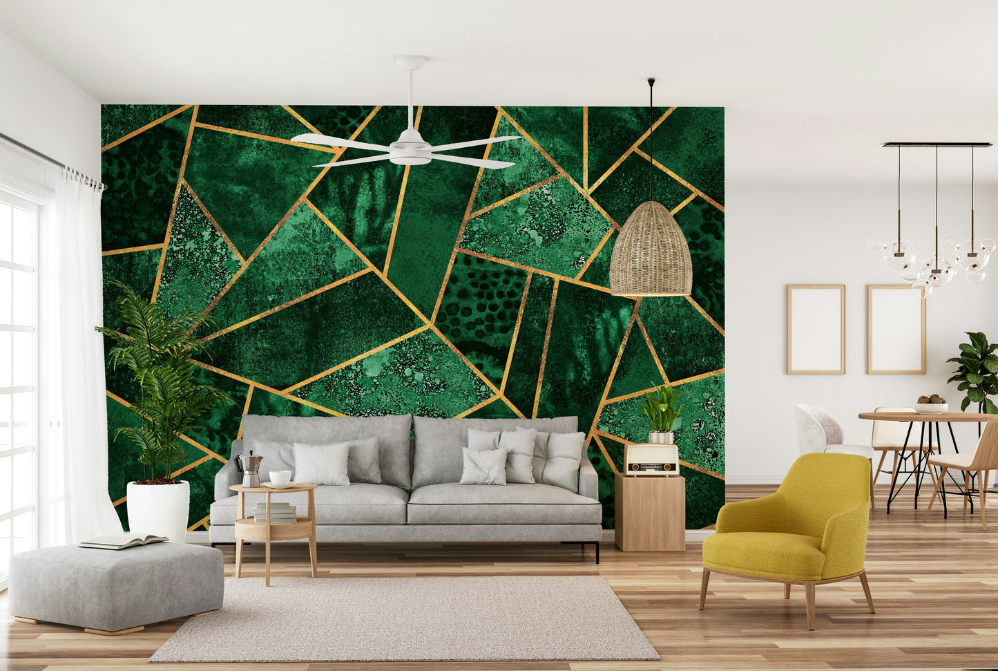 A beautiful gilded green geometric wallpaper mural for a modern home.

