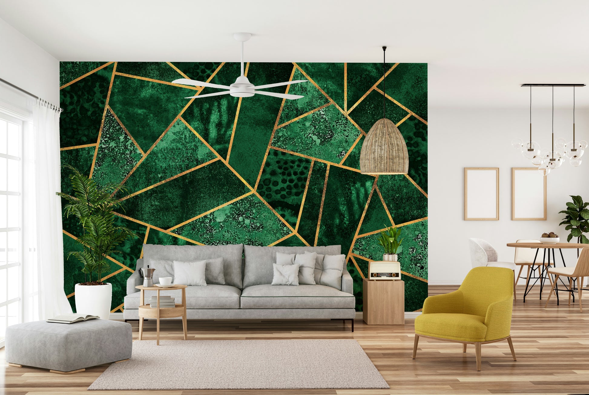 A beautiful gilded green geometric wallpaper mural for a modern home.


