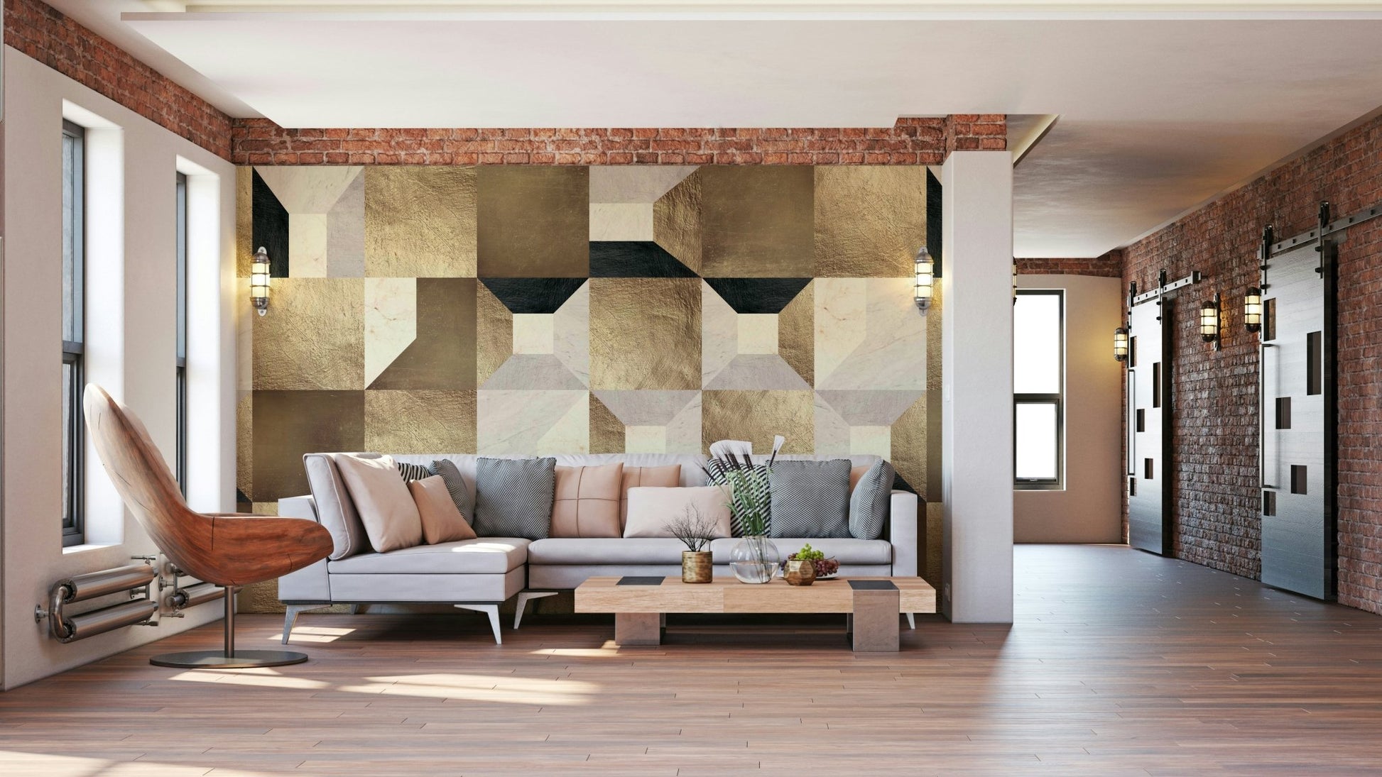 A wall mural with a geometric pattern.

