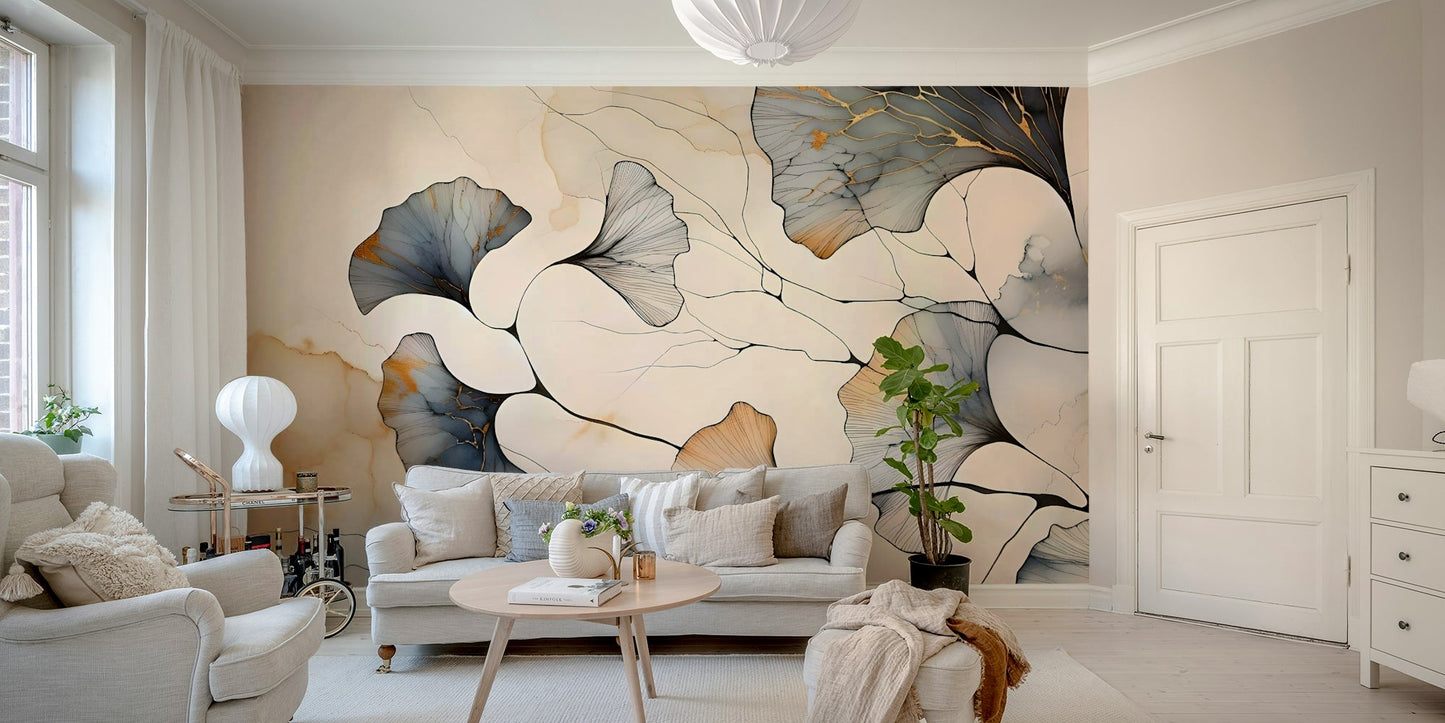Gilded ginkgo leaf wall mural in soft neutral tones.

