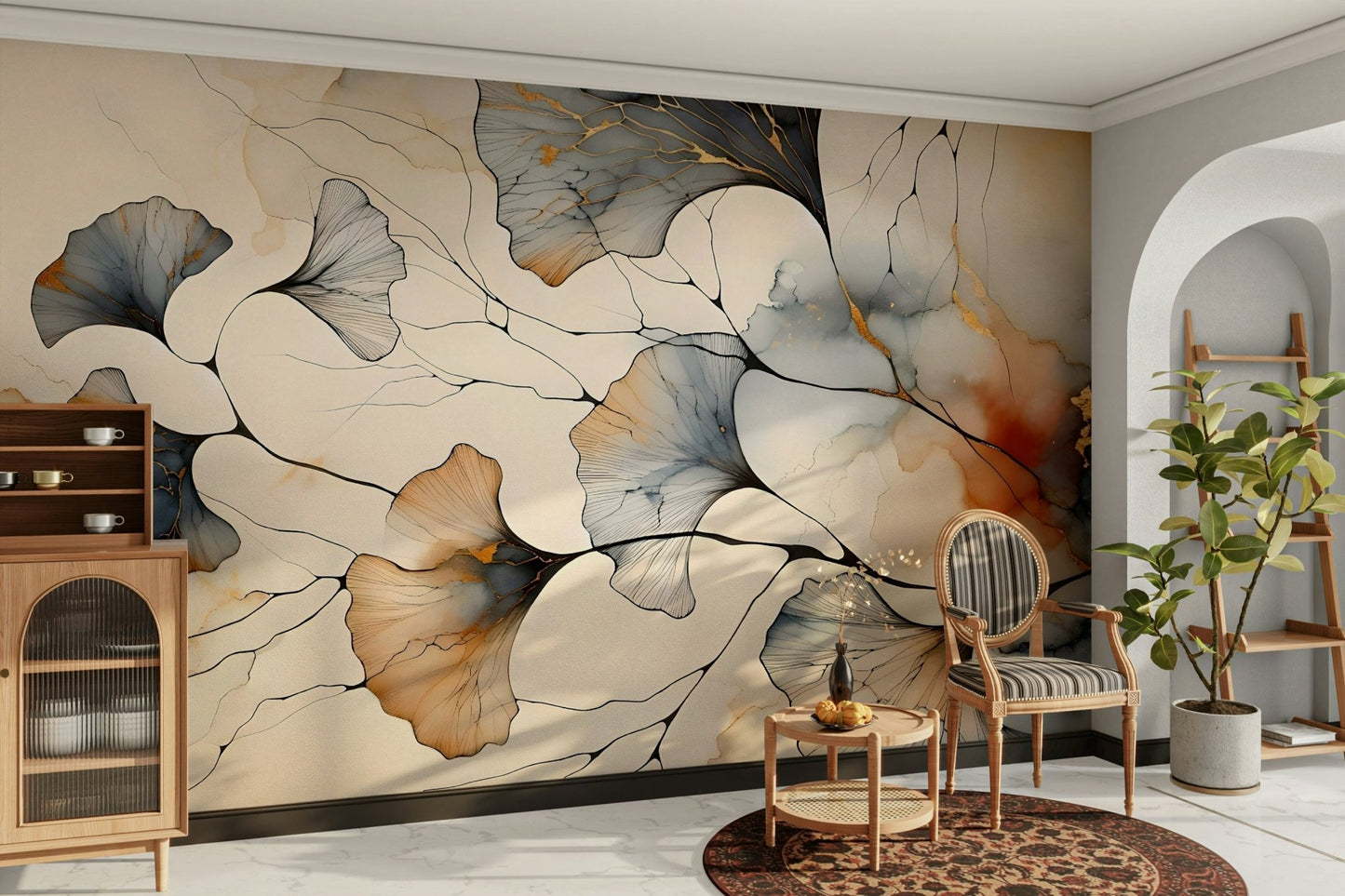 Ginkgo leaf pattern mural in shimmering gold finish.

