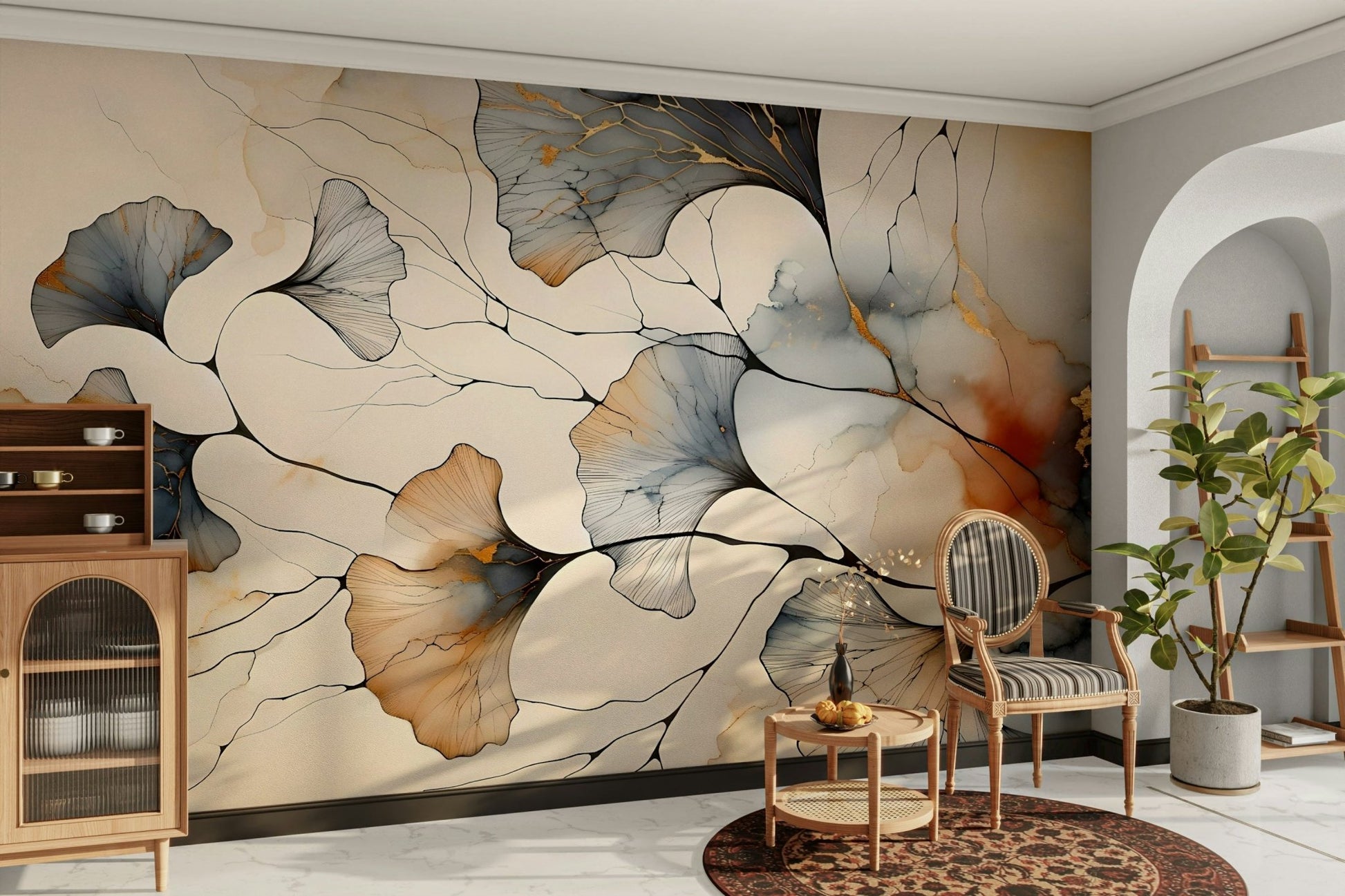 Ginkgo leaf pattern mural in shimmering gold finish.

