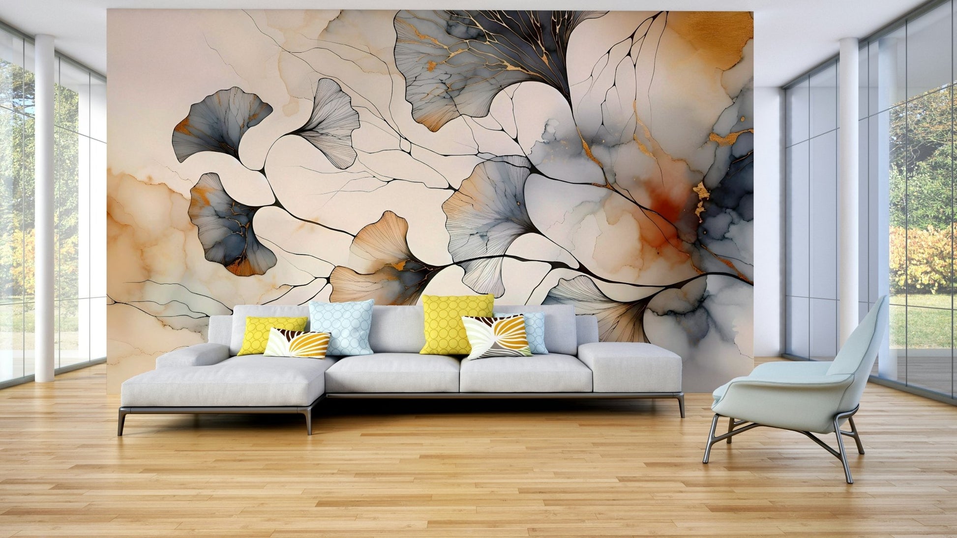 Golden ginkgo wall design with graceful leaves.

