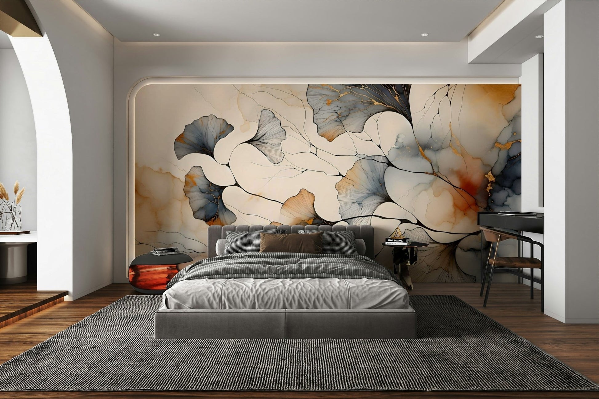 Art-inspired mural with golden ginkgo fan leaves.

