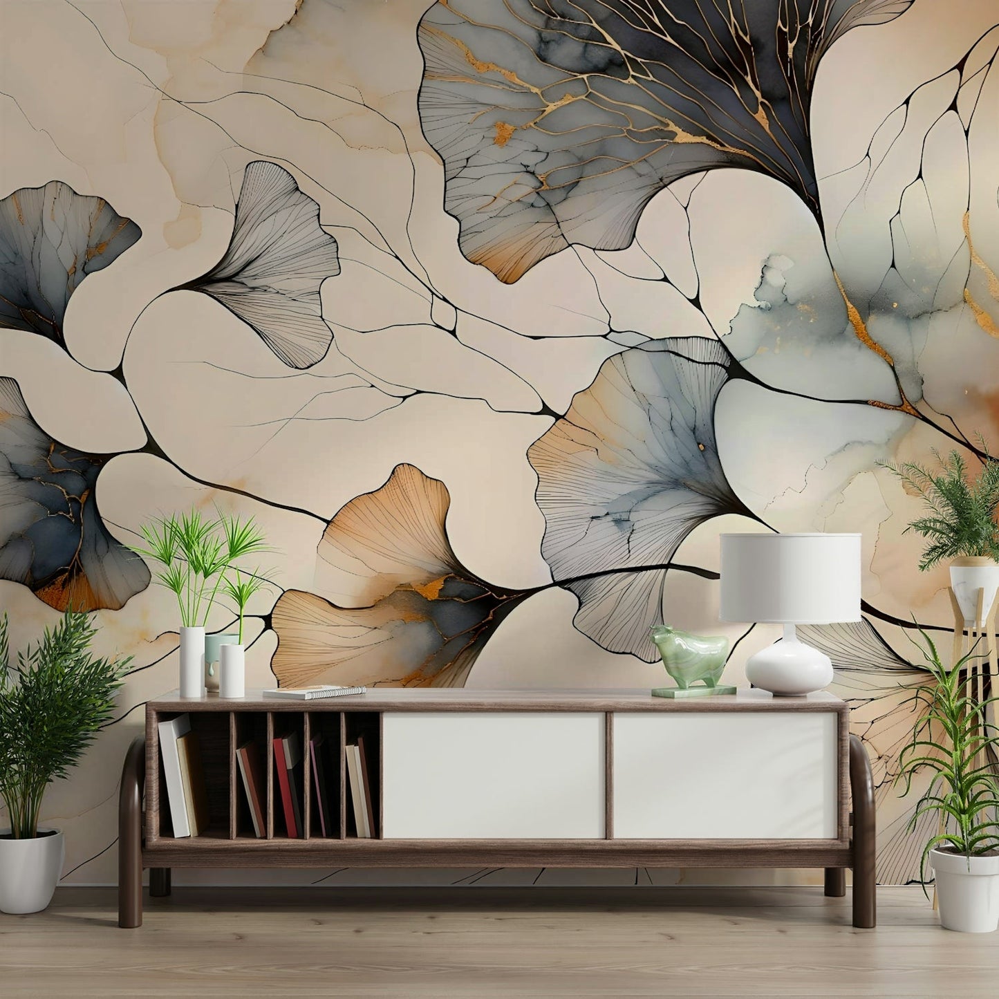 Glamorous wall mural with stylized ginkgo foliage.

