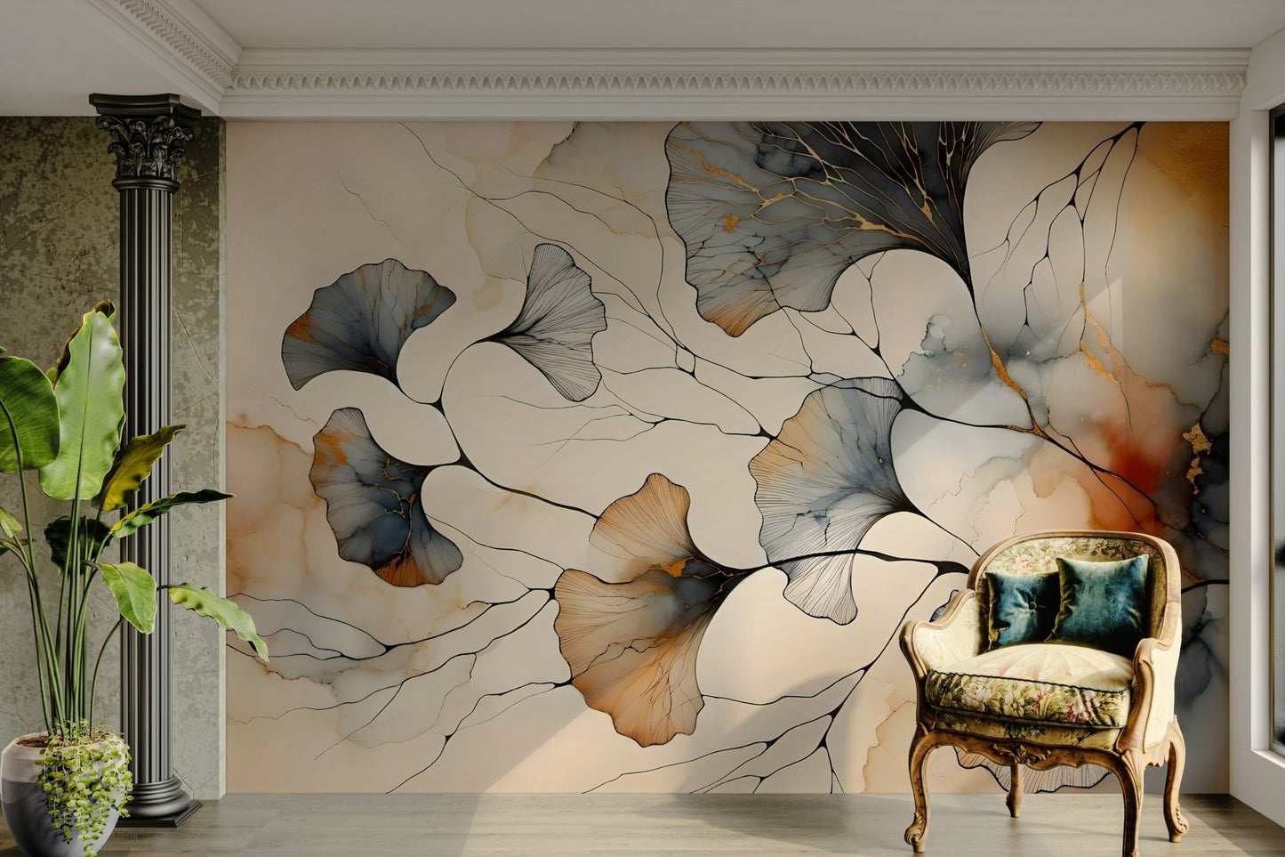 Sophisticated wallpaper with gold ginkgo silhouettes.

