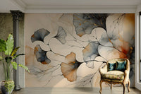 Sophisticated wallpaper with gold ginkgo silhouettes.

