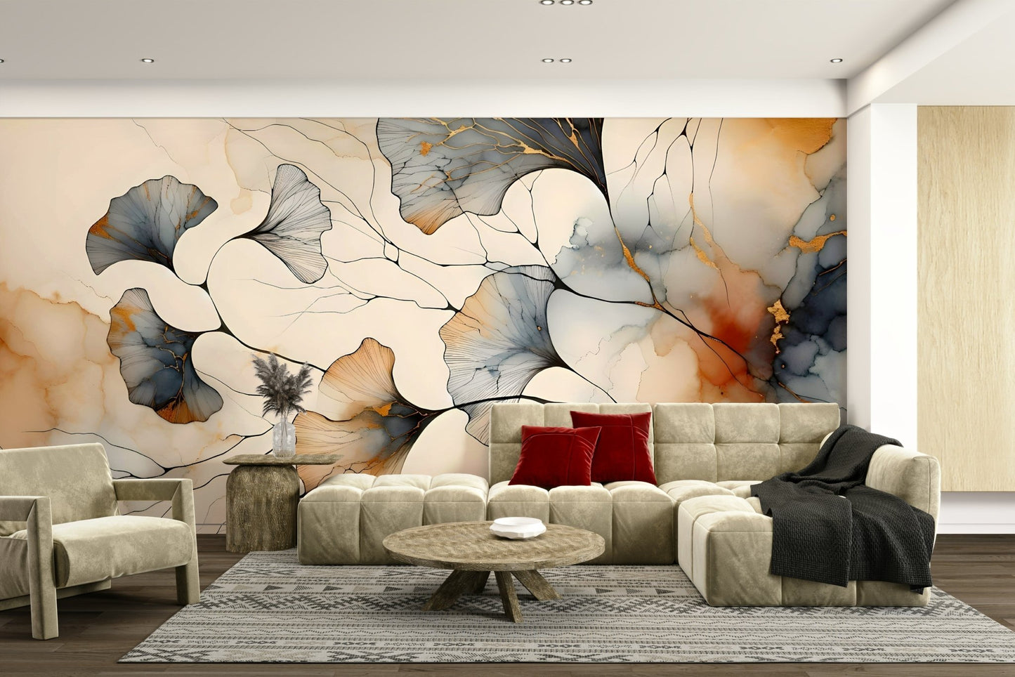 Luxe ginkgo mural with delicate gold linework.

