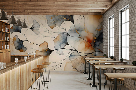 Elegant ginkgo leaf mural with gold accents.

