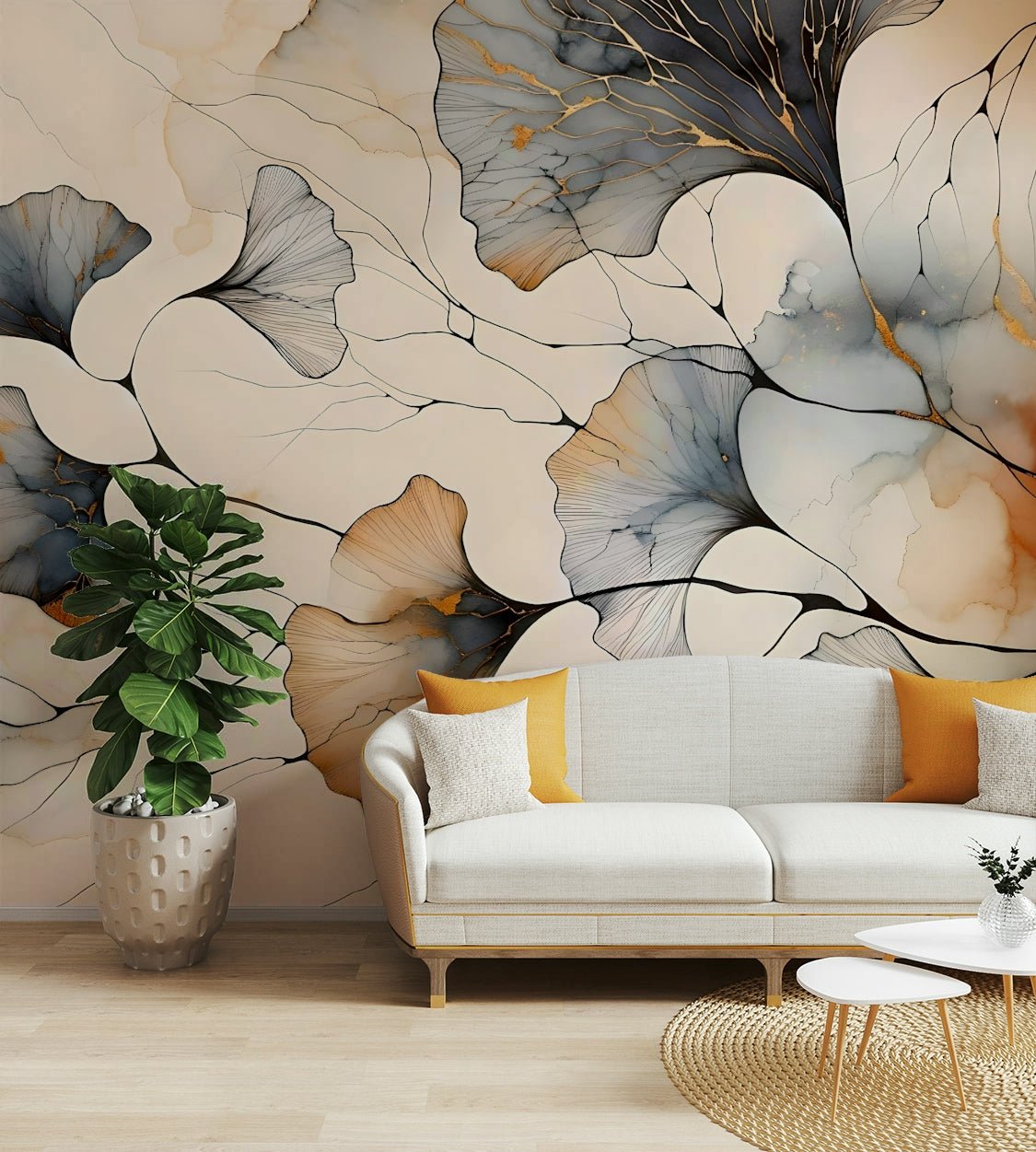 Metallic gold ginkgo mural for luxury interiors.


