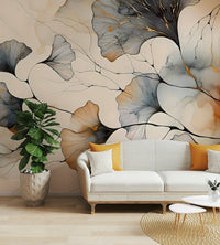 Metallic gold ginkgo mural for luxury interiors.

