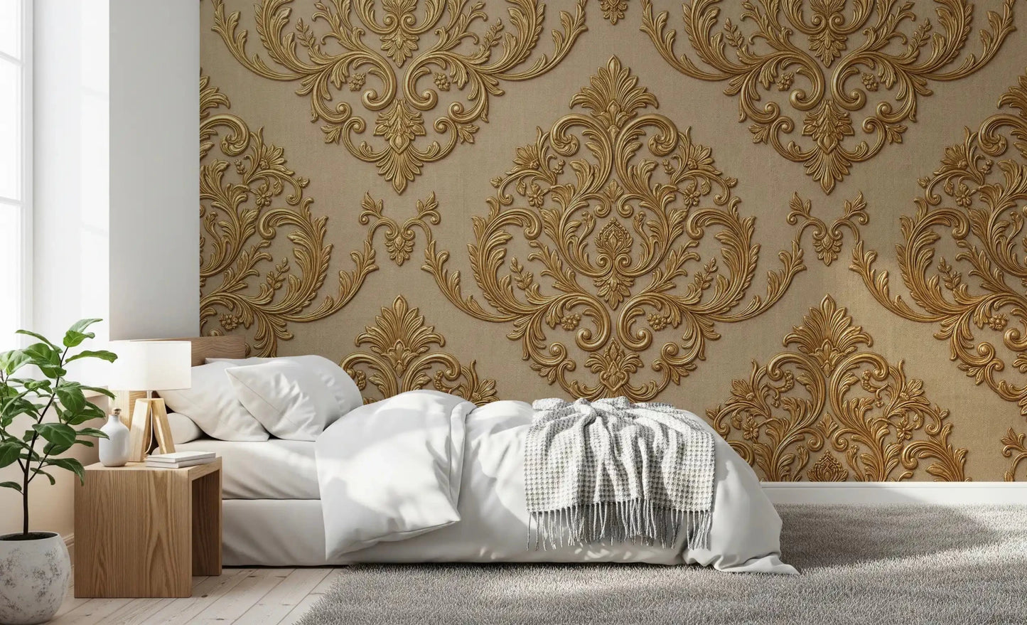Bedroom wall styled in Gilded Grandeur Pattern mural with classic motif work