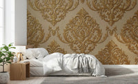 Bedroom wall styled in Gilded Grandeur Pattern mural with classic motif work