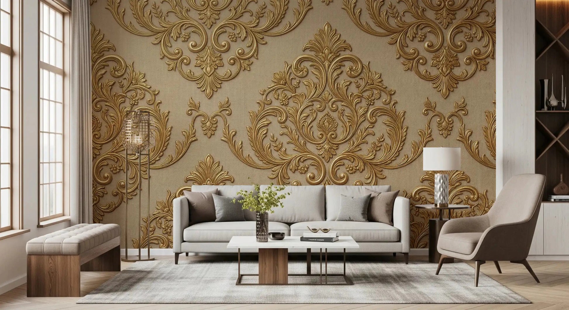 Living room with Gilded Grandeur Pattern wall mural and ornate gold detailing