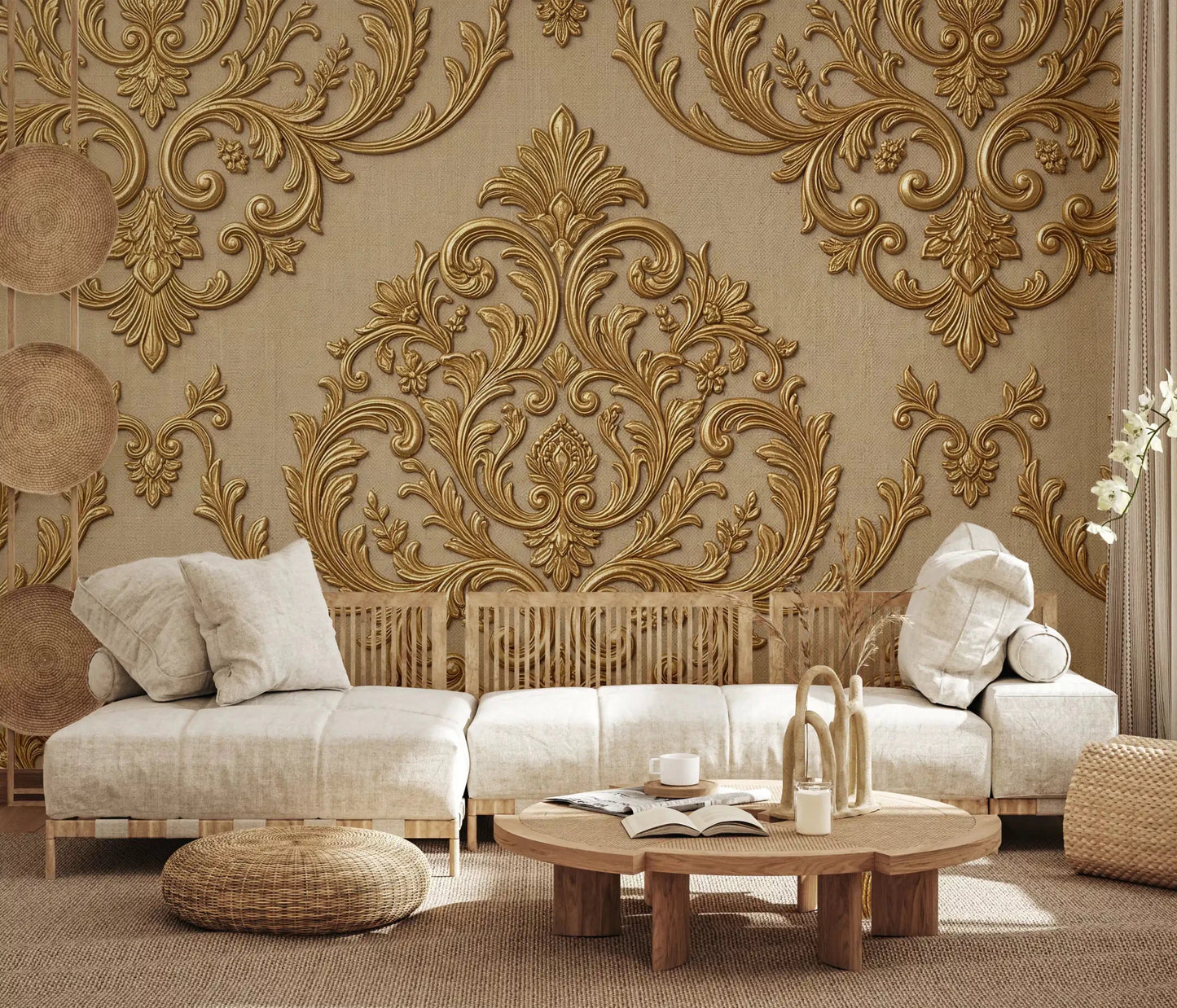 Hallway featuring Gilded Grandeur Pattern wall mural on a warm beige base