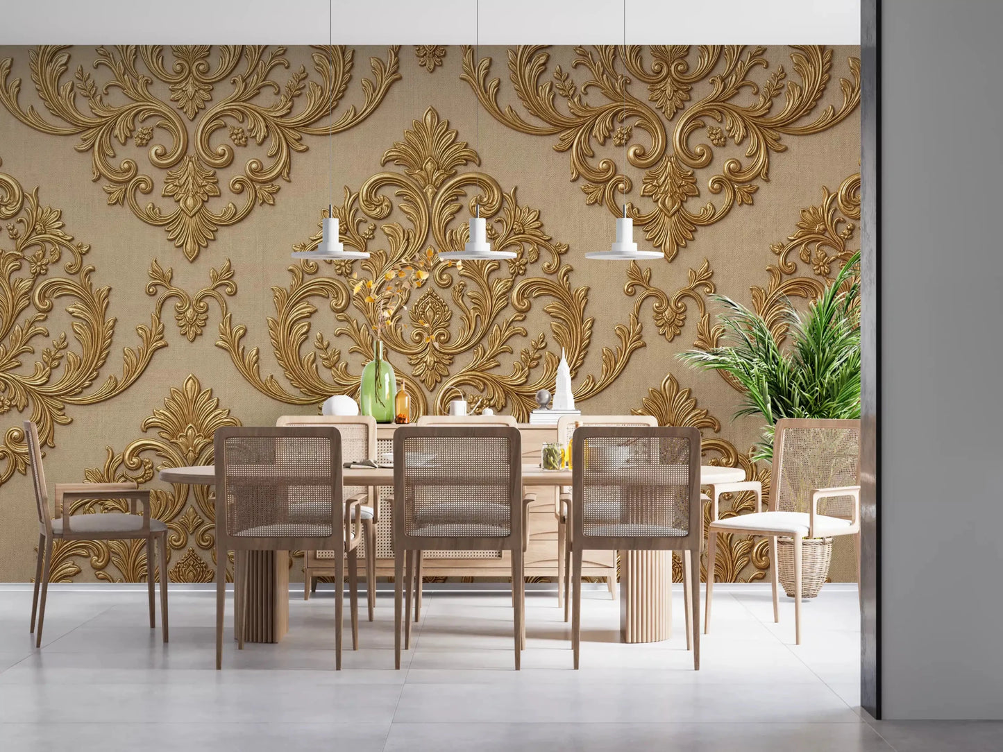 Warm neutral wall mural showing Gilded Grandeur Pattern in classic styling