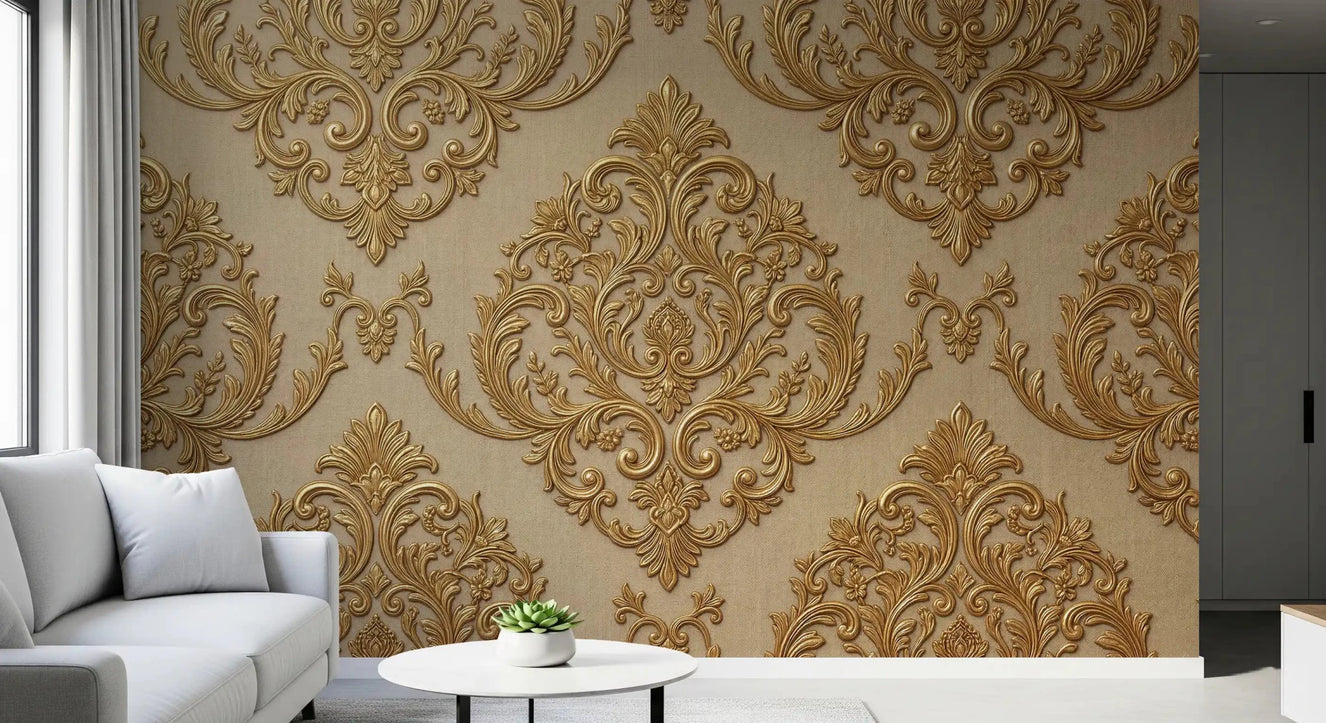 Office space with Gilded Grandeur Pattern wall mural and elegant scroll design