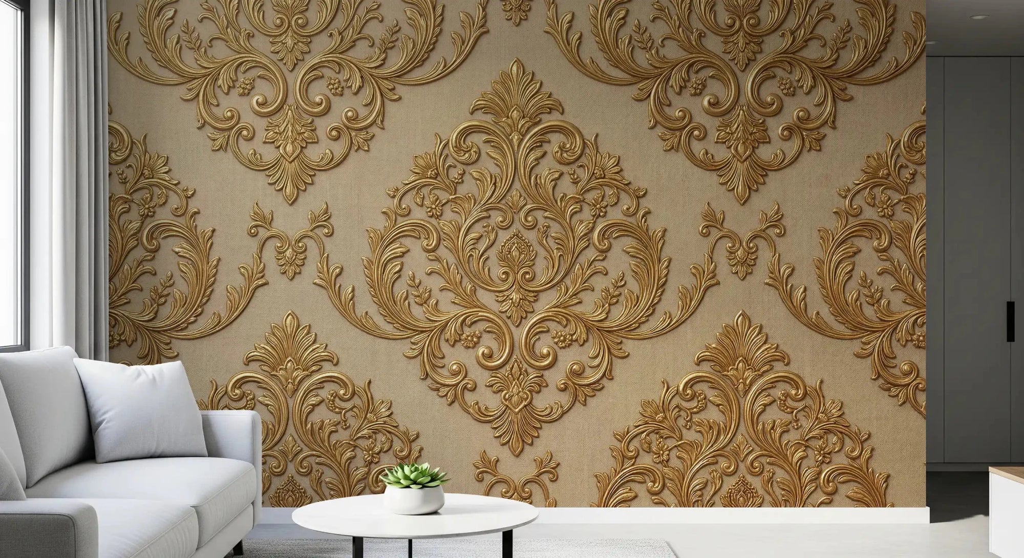 Office space with Gilded Grandeur Pattern wall mural and elegant scroll design, GD9436