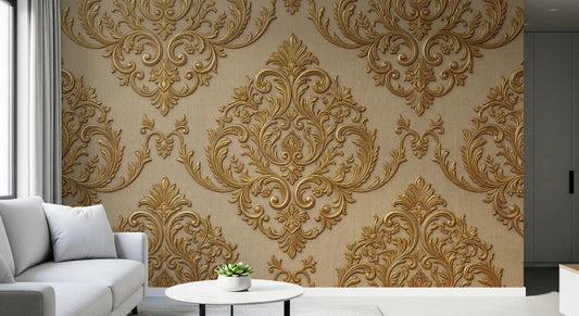 Office space with Gilded Grandeur Pattern wall mural and elegant scroll design