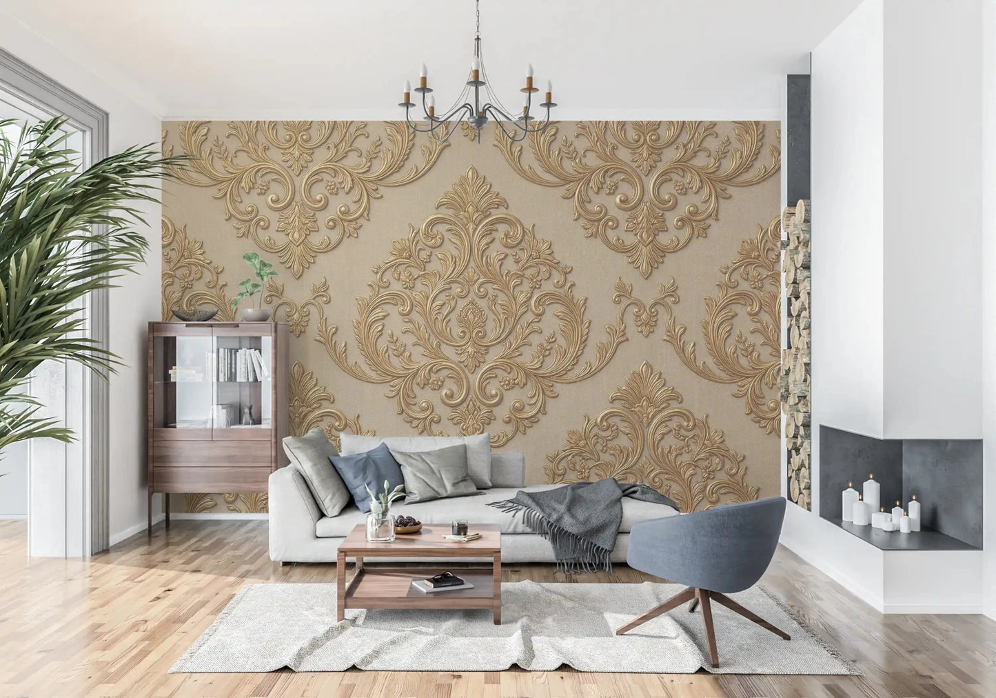 Beige and gold wall mural featuring Gilded Grandeur Pattern with refined detail