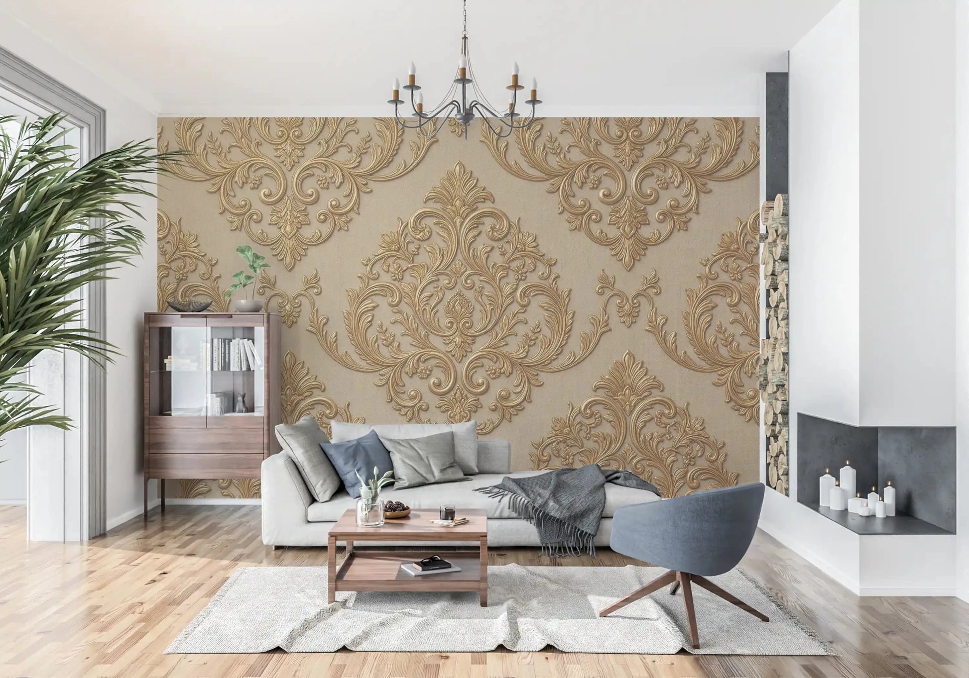 Beige and gold wall mural featuring Gilded Grandeur Pattern with refined detail