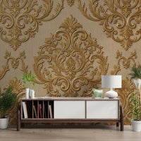 Gilded Grandeur Pattern wall mural with intricate gold ornament on beige