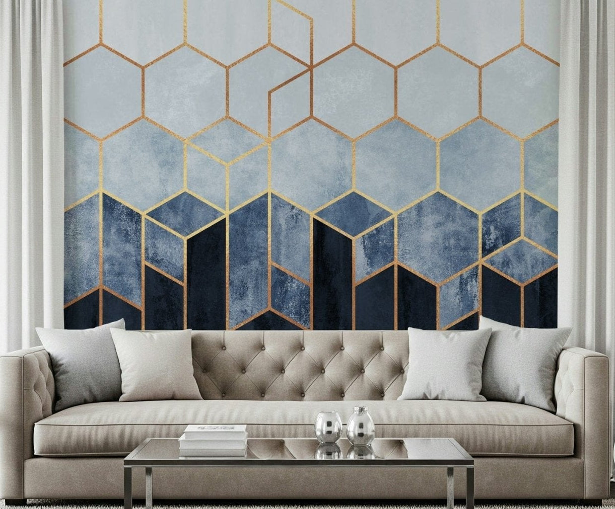 Blue and gold hexagonal wall mural in a modern living room., GD5497