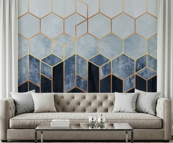 Blue and gold hexagonal wall mural in a modern living room., GD5497