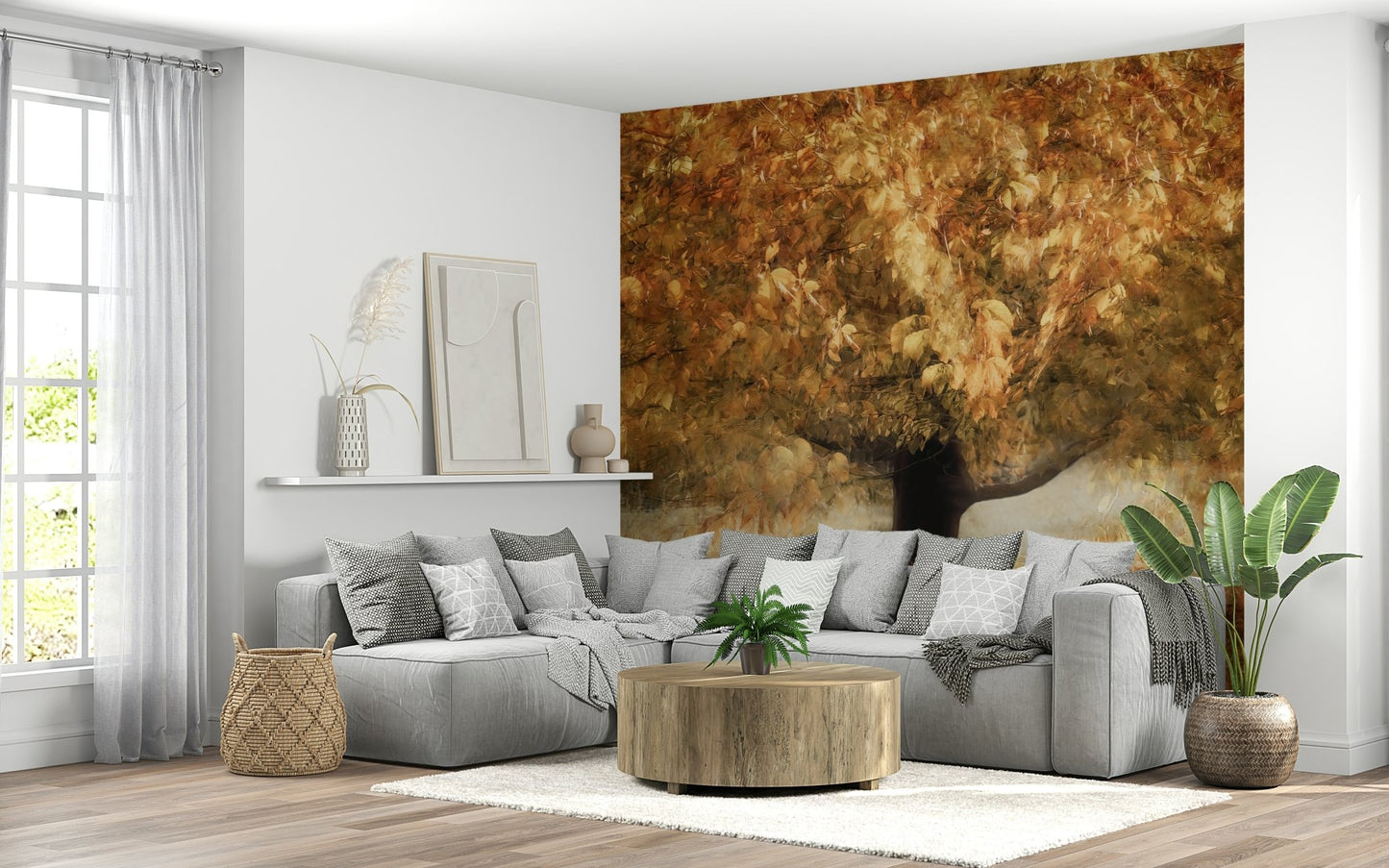 A beautiful gilded leaf wallpaper mural for a modern home., GD5568