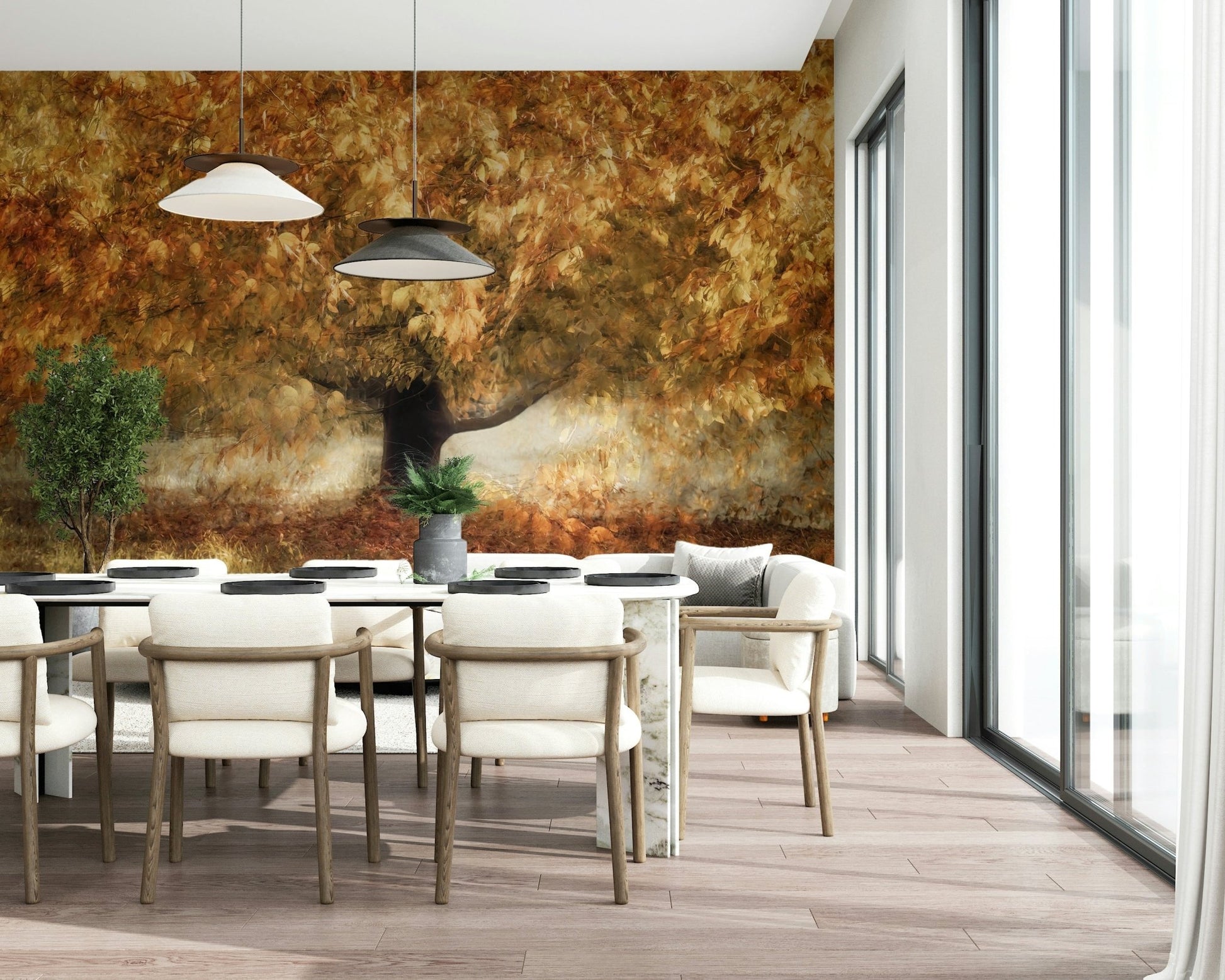 A graceful subtle leaf wall mural in soft, golden tones., GD5568