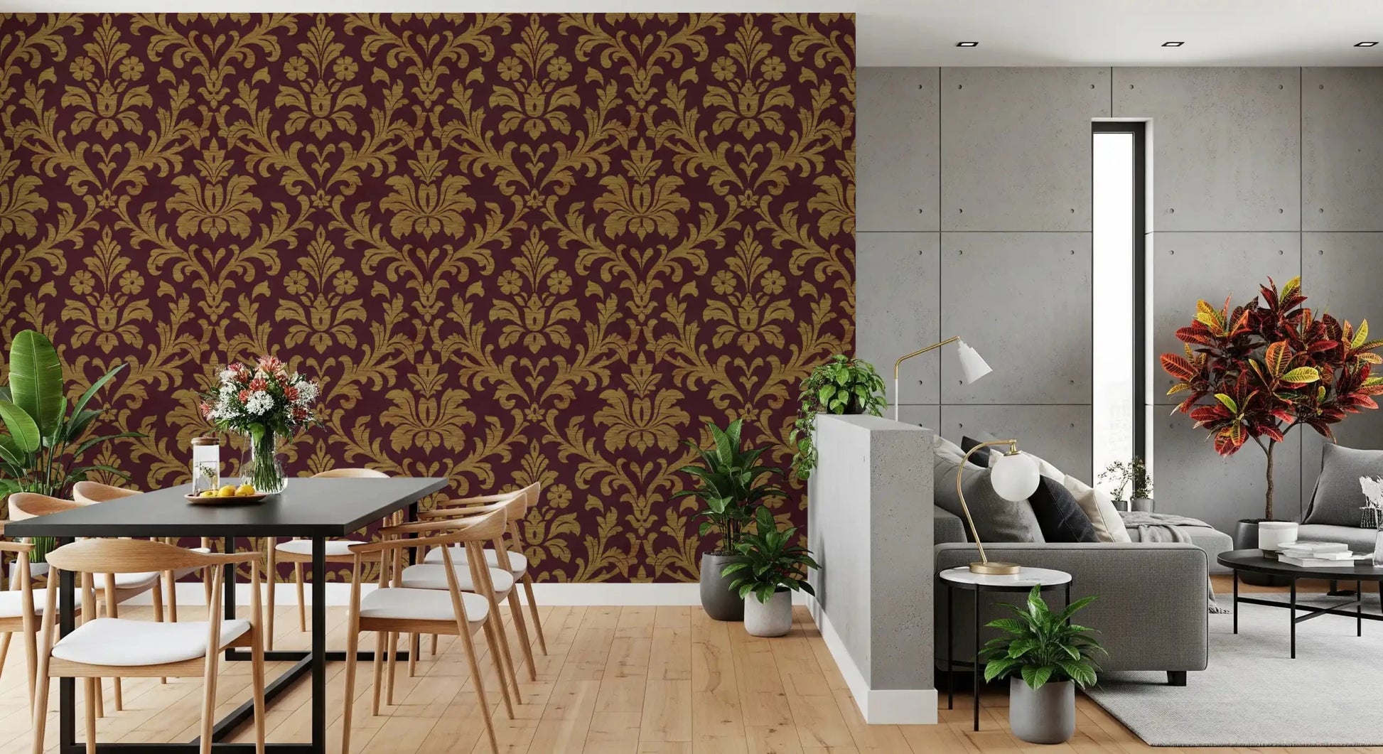Dining room finished with Gilded Leaves Wallpaper and a leafy side plant, GD8914