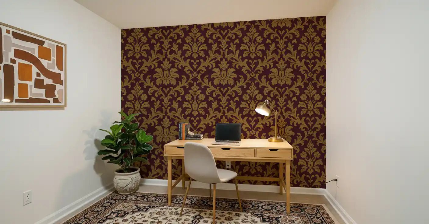 Gilded Leaves Wallpaper adding depth to a cozy reading corner with warm wood, GD8914