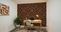 Gilded Leaves Wallpaper adding depth to a cozy reading corner with warm wood, GD8914