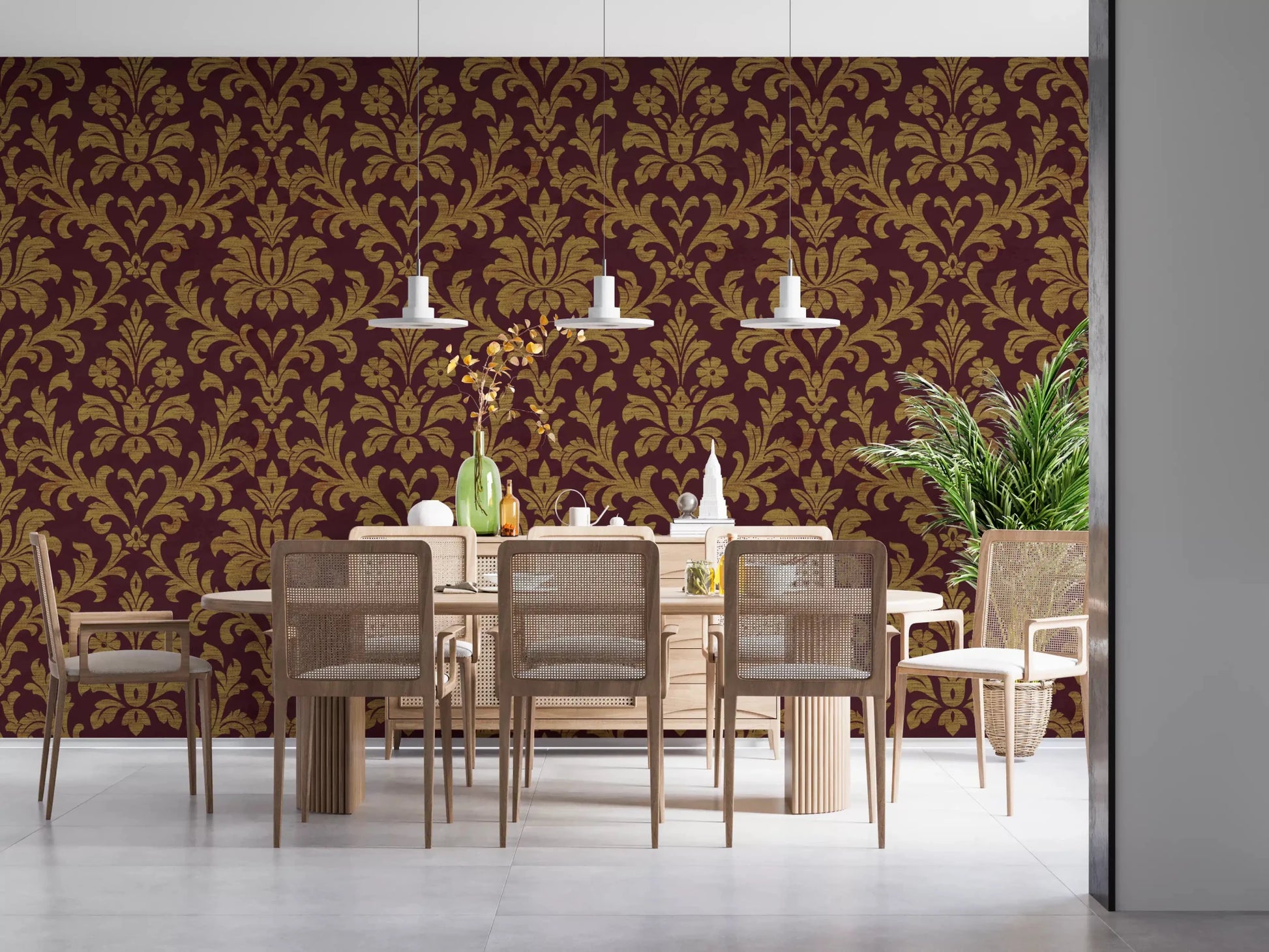 Gilded Leaves Wallpaper framing a bright dining nook with twin pendant lights, GD8914