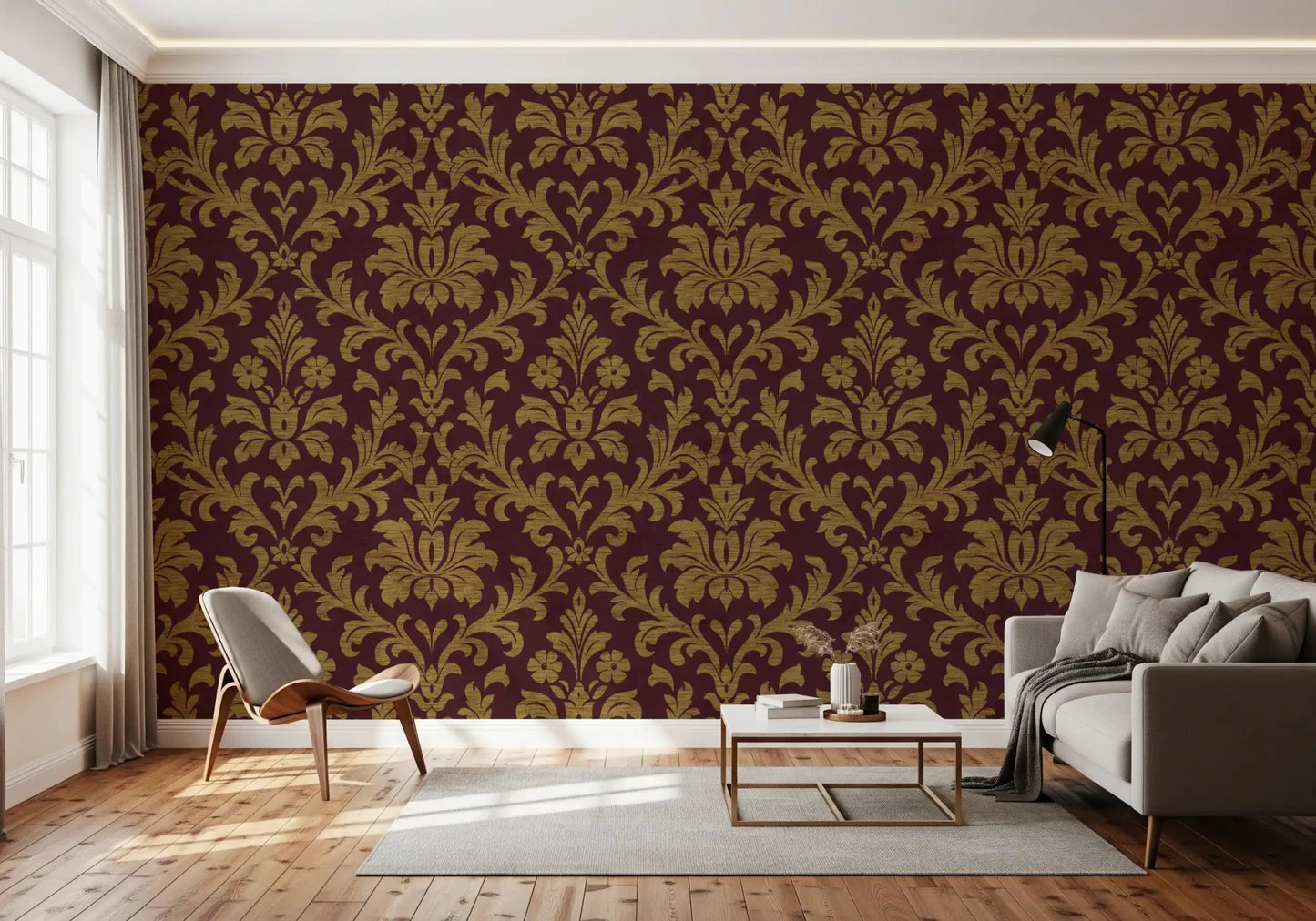Sunlit sofa space featuring Gilded Leaves Wallpaper in a calm modern interior, GD8914