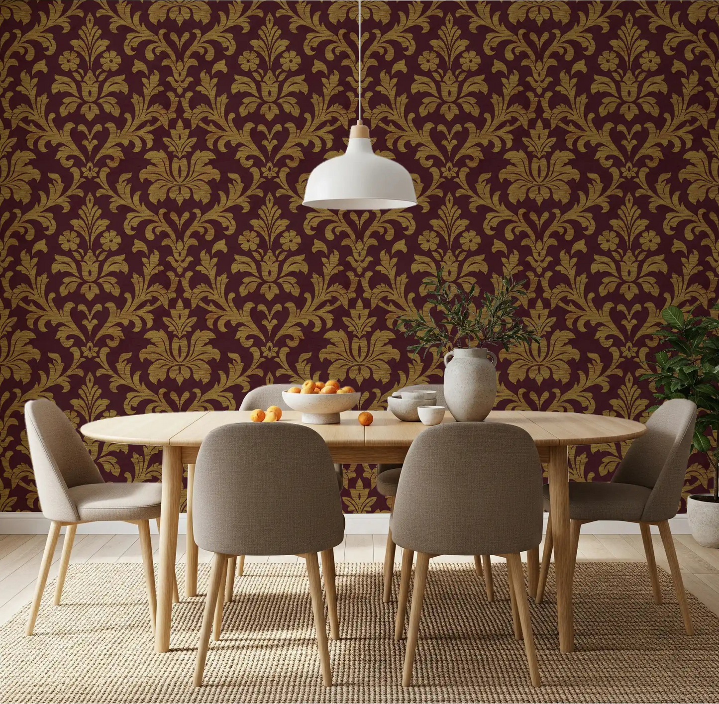 Gilded Leaves Wallpaper behind a round table in a warm modern dining room, GD8914
