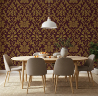 Gilded Leaves Wallpaper behind a round table in a warm modern dining room, GD8914