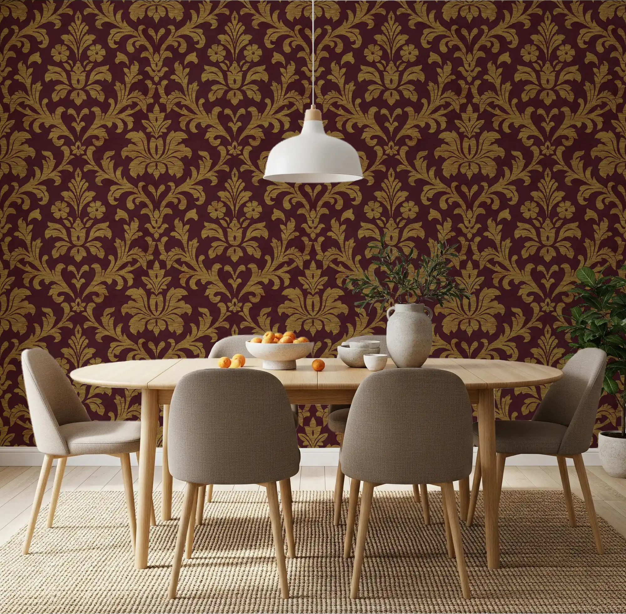 Gilded Leaves Wallpaper behind a round table in a warm modern dining room, GD8914