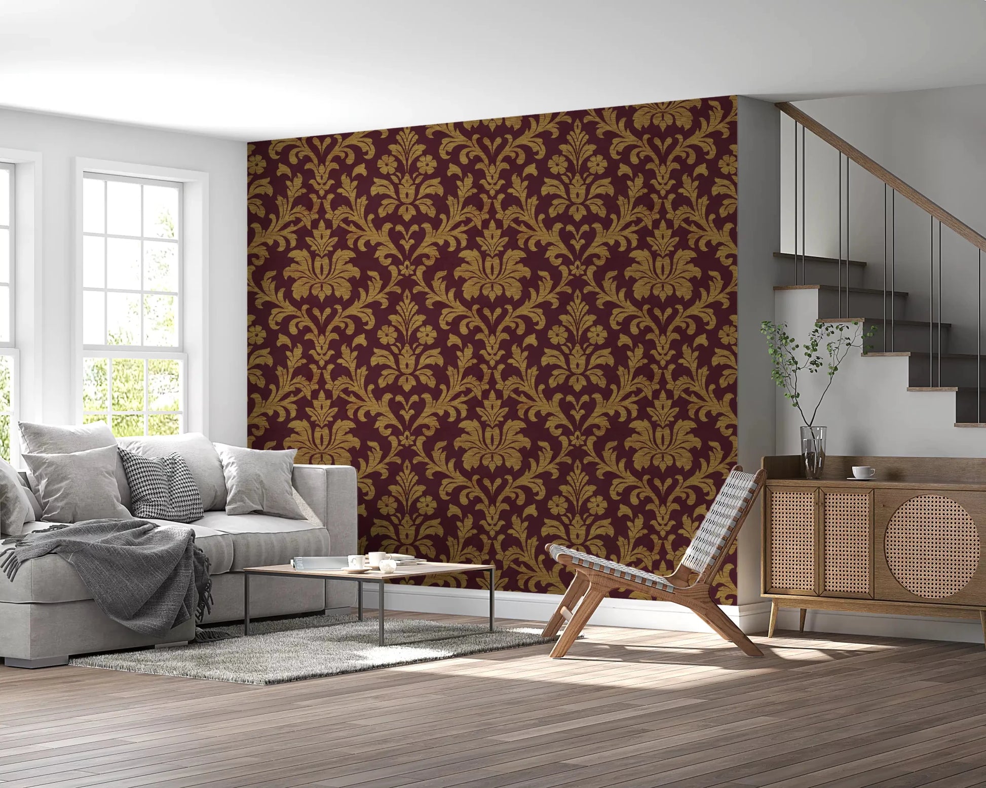 Grey sectional seating paired with Gilded Leaves Wallpaper in a sunlit lounge, GD8914