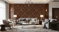 Soft Living layered with Gilded Leaves Wallpaper behind a low bed, GD8914