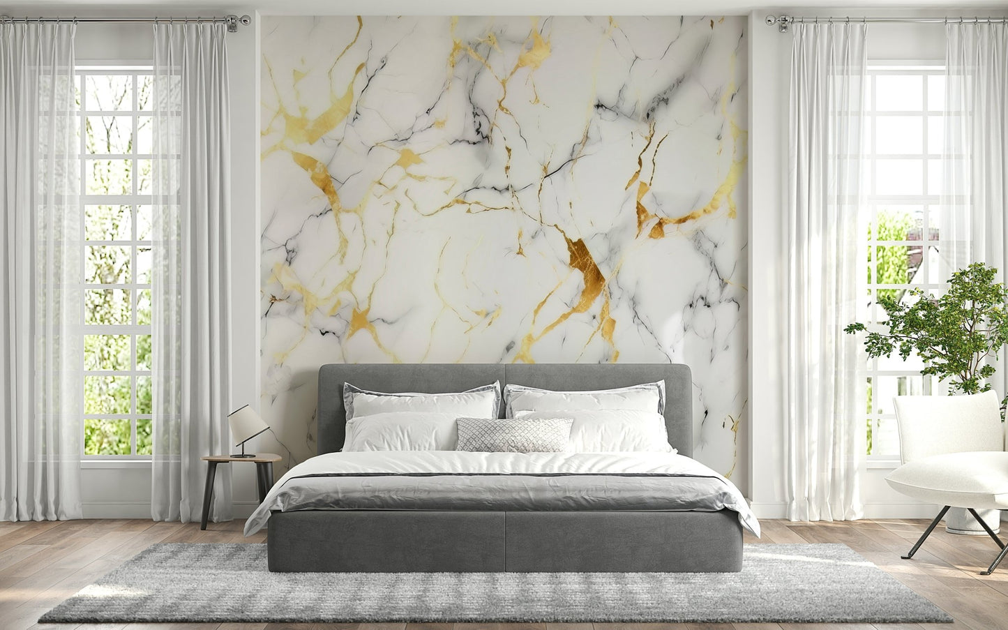 A peaceful modern abstract mural on decorative wallpaper.