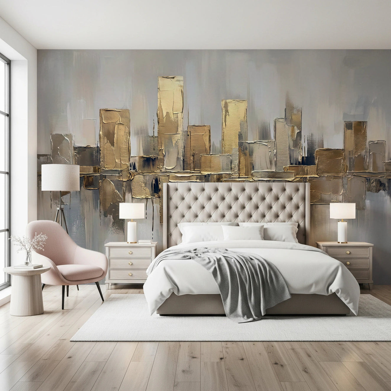 Golden city skyline at night wall mural art.