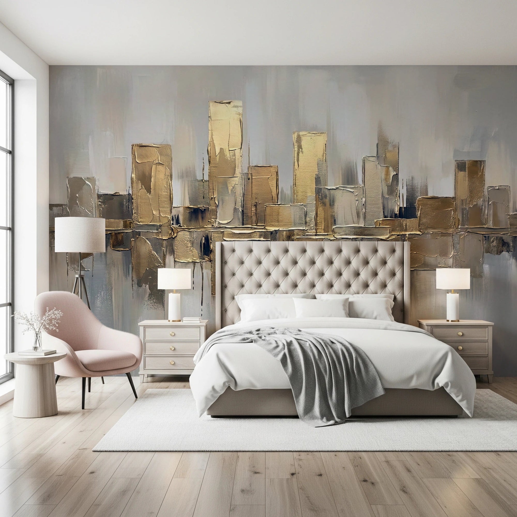 Golden city skyline at night wall mural art., GD8440