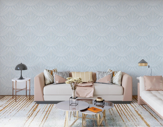 Living room scene with Gilded Petals Wallpaper behind a soft pastel sofa setup, GD8329